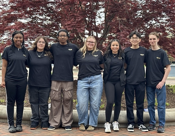 The Yearbook and Panther Press staff stand outside Ball State’s CCIM building on April 25. From left: Konilah Leflore, Alexandra Perez, Asher Harris, Peyton Connor, Khaliyah Skinner, Kenny Gong, Jack Gaham