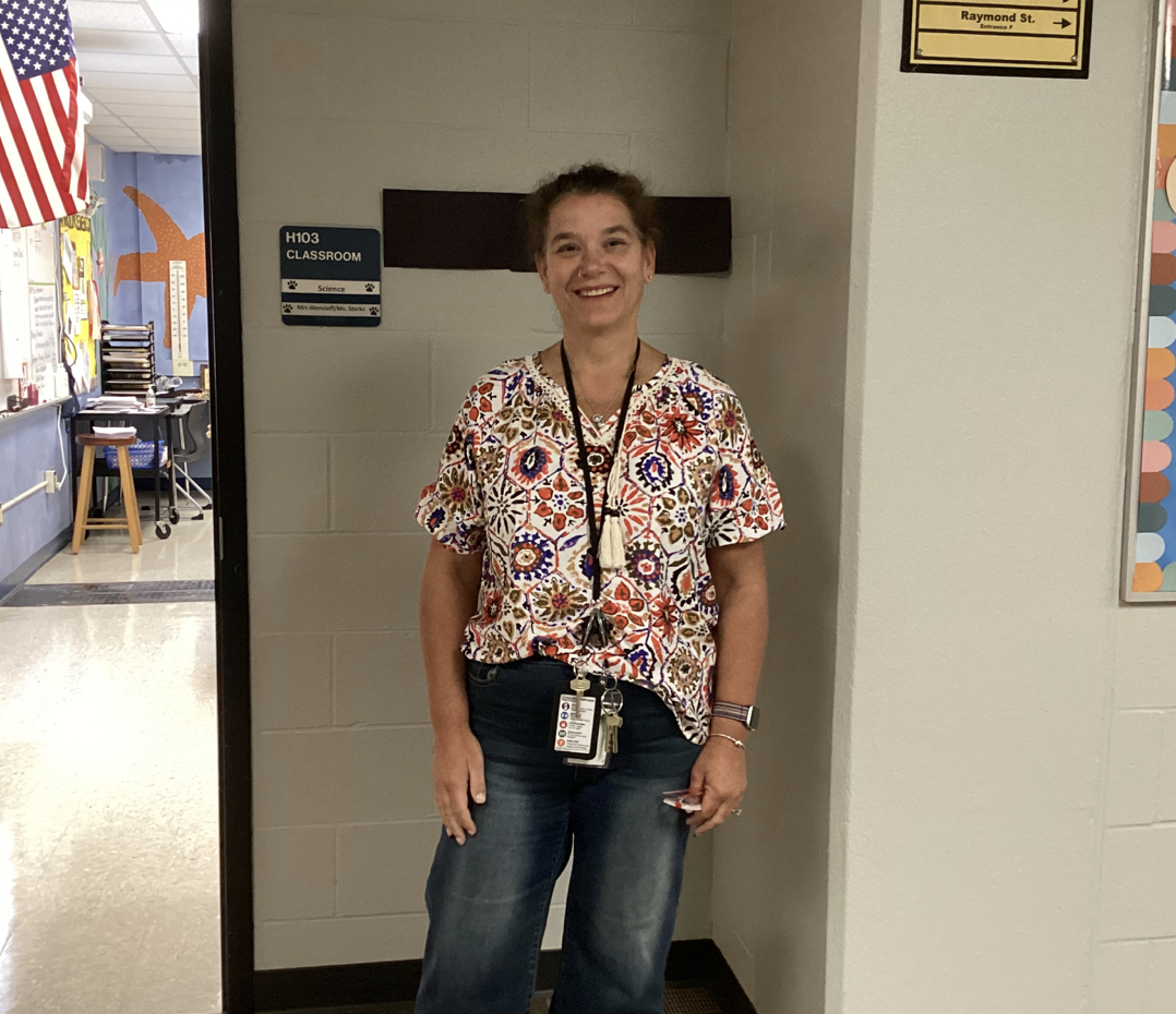 Ms. Starks outside of Mrs. Wencloff's room during first period.