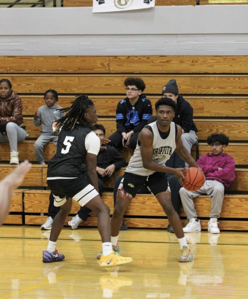 Senior Jalen Wilson guards junior Javier Thompson in Griffith Basketball's Black and Gold scrimmage on Thursday, November 20.