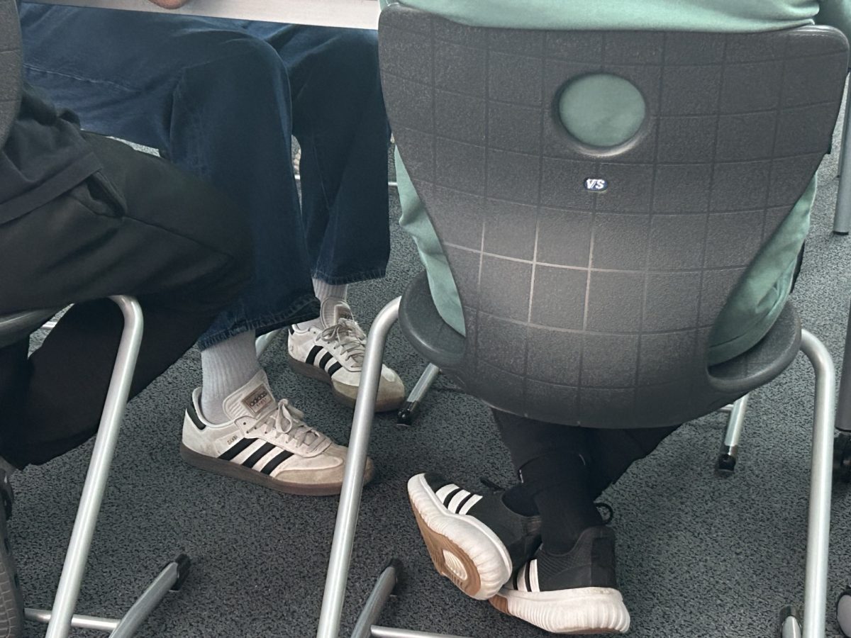 Sophomores Conner Steele and Ethan Knuth sport different styles of Adidas footwear in AP Seminar class. 