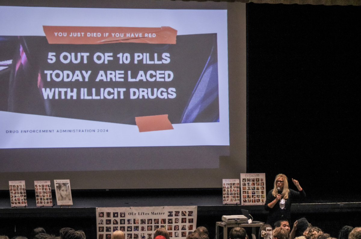"Sounds of Sarah" founder Patty Stovall speaks about illicit drugs in the auditorium during 5th and 6th periods. “My children are my life. And part of my life is gone, and I will be grieving for the rest of my life. This is why I do this: So other parents don’t have to go through what I do.” 