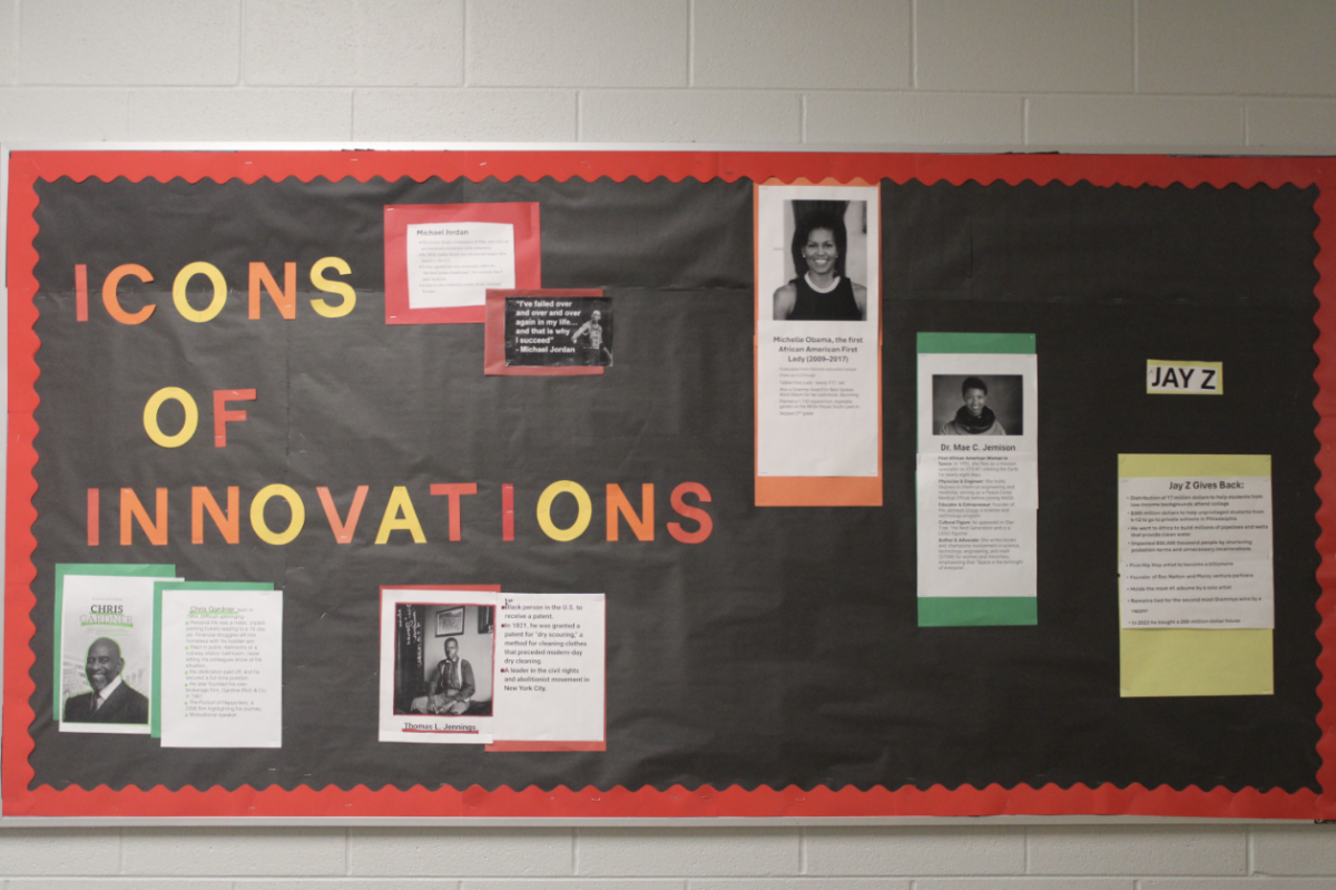 Displayed in the library hallway in February 2026, the Icons of Innovation bulletin board celebrates Black History Month. School displays such as this help students better understand the historical struggles and achievements of African Americans.